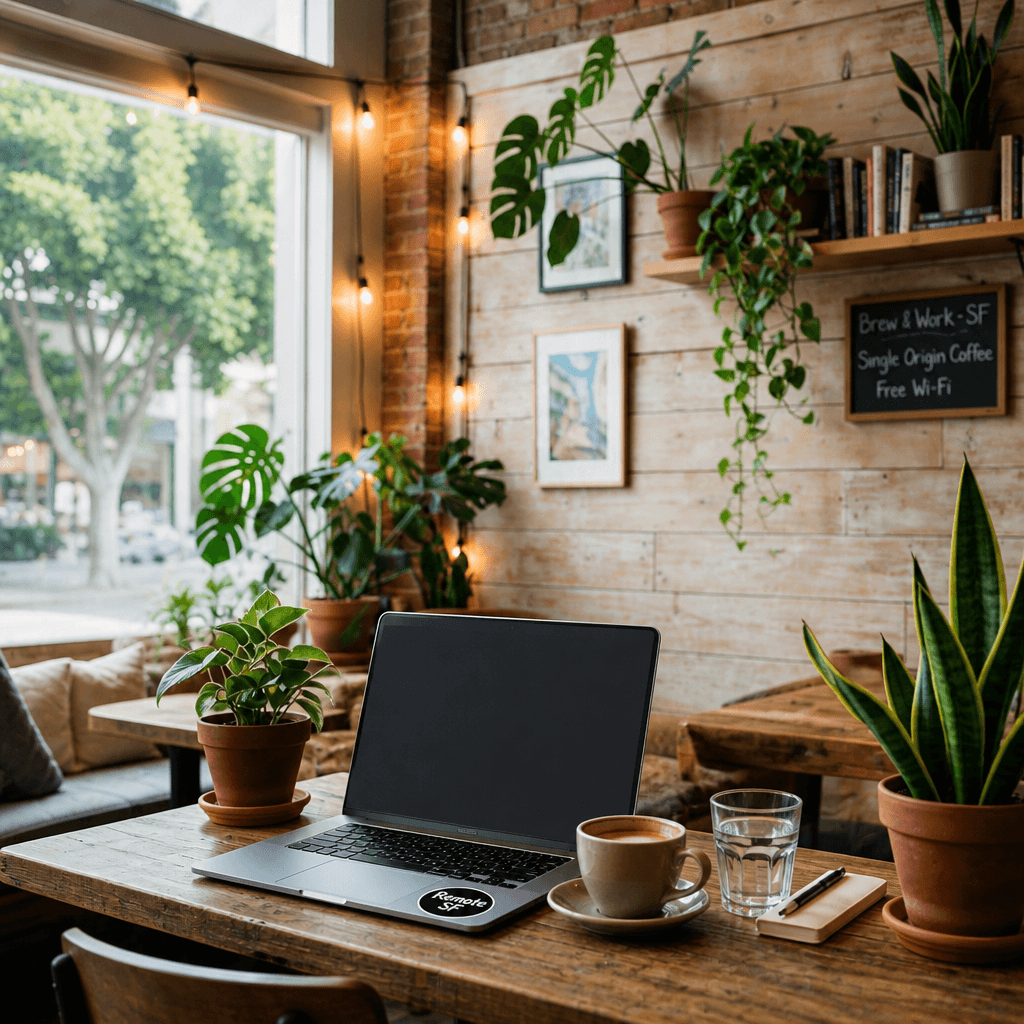 A sunlit café interior with plants, a wooden wall and a laptop on the counter